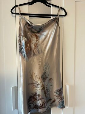 Finesse Satin Cowl Mini Dress in Champagne with Pastel Blue and Brown Art Print